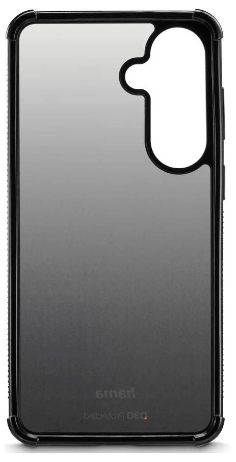 Schwarze und graue Smartphone-Schutzhülle in Vorderansicht, mit großem Ausschnitt für das Dualkamera-/Blitzmodul und erhöhten Stoßfängerkanten.