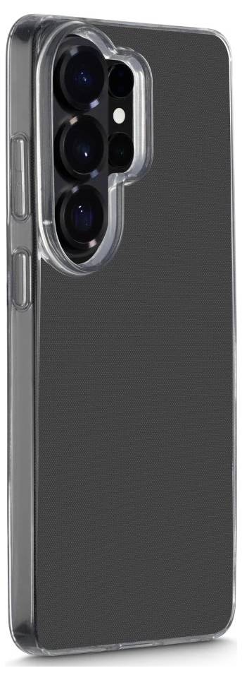 Transparente Handyhülle auf einem Smartphone, die die erhöhte Ausschnitt um die rückwärtigen Kameraobjektive hervorhebt.