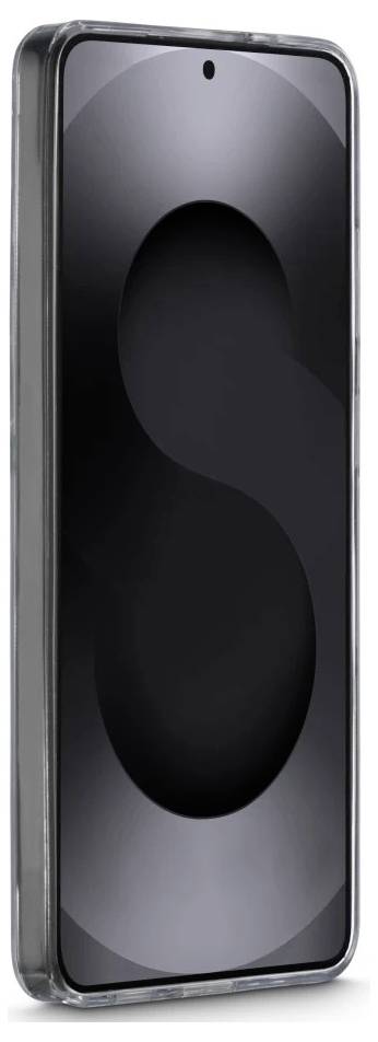 Ein schwarzes Smartphone in einer durchsichtigen Schutzhülle, in Frontalansicht mit dunklem Display und zentriertem Kameraloch dargestellt.