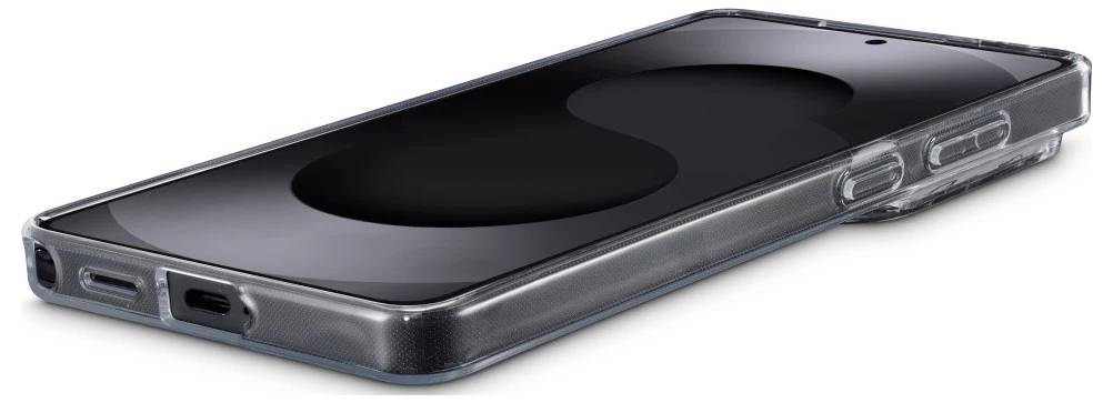 Schwarzes Smartphone in einer durchsichtigen Schutzhülle in schräger Ansicht auf weißem Hintergrund.