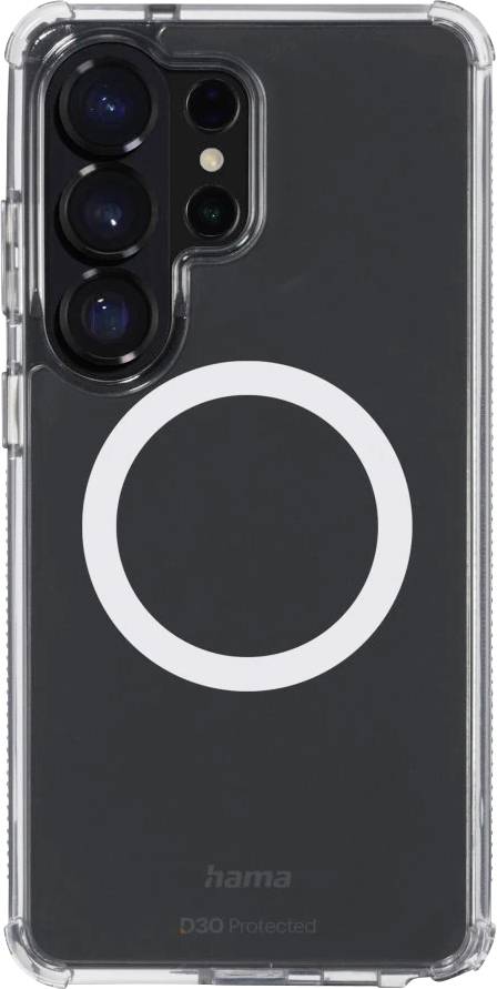 Schwarzes Smartphone in einer transparenten Schutzhülle mit großem weißem MagSafe-ähnlichem Ring und dreifachem Kameraausschnitt auf der Rückseite.