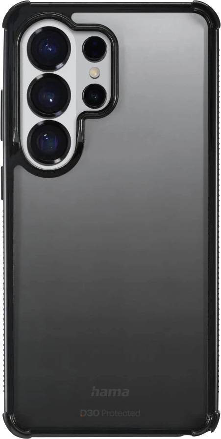 Transparente Schutzhülle für Smartphones mit erhöhtem schwarzem Stoßschutz und Kameraausschnitt für ein Triple-Lens-Smartphone; „hama