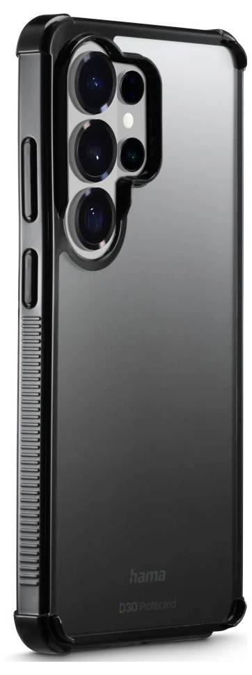 Schwarzes Smartphone in einer schützenden transparenten Hülle, von hinten gezeigt mit ausgehobener dreifacher Kamera-Aussparung und sichtbaren Seitentasten.