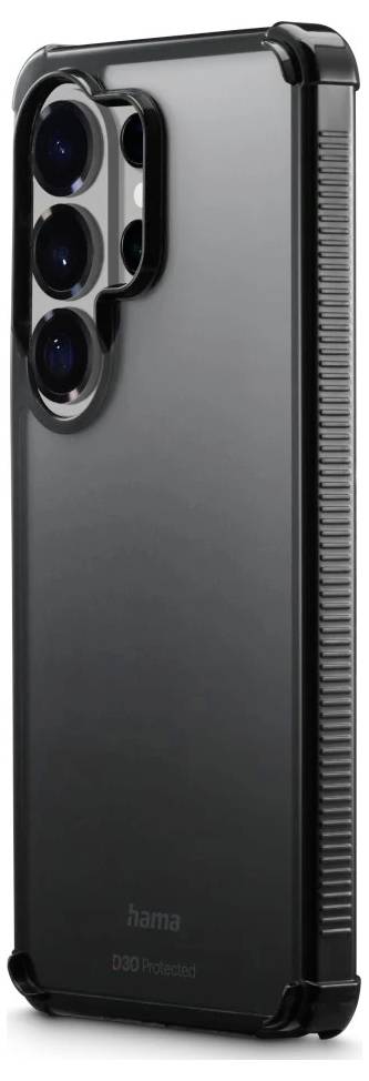 Schwarze, robuste Smartphone-Hülle mit erhöhten Kanten und dreifachem Kamera-Ausschnitt, in Profilansicht auf weißem Hintergrund