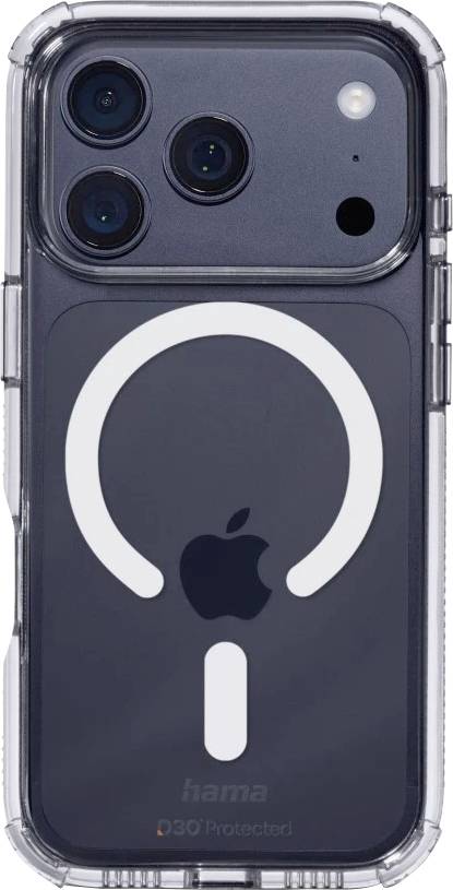 Ein Smartphone in einer durchsichtigen Schutzhülle, das die Rückseite mit Apple-Logo und Kameraobjektiven zeigt, plus eine große weiße kreisförmige Grafik auf der Hülle.
