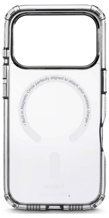 Durchsichtige iPhone-Hülle mit MagSafe-Ausrichtungskreis und integriertem Wireless-Charging-Spot auf der Rückseite.