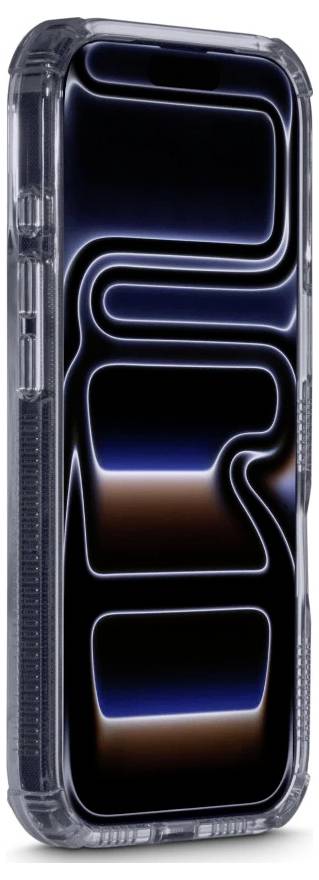 Transparente Smartphone-Hülle mit einem leuchtend blauem und braunem, geschichteten, labyrinthähnlichen Muster auf einer schwarzen Rückseite, vertikal angezeigt.