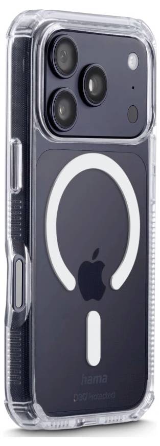 Transparente Handyhülle für ein iPhone mit MagSafe-Ringdesign auf der Rückseite und sichtbarem dreifachem Kameraausschnitt.