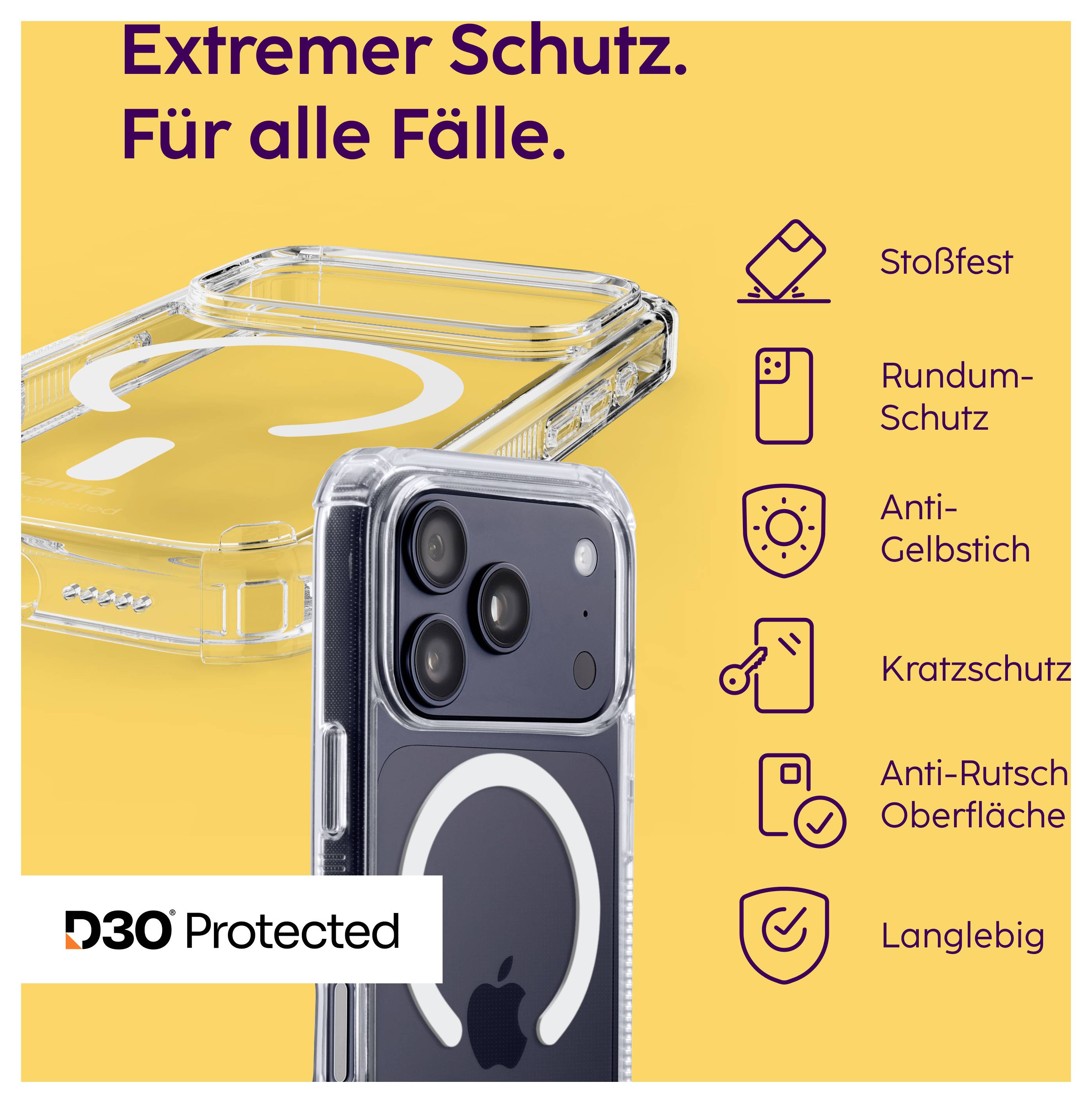 Werbeanzeige für eine iPhone-Hülle: 'Extremer Schutz. Für alle Fälle.' mit D3O Protected und Eigenschaften wie stoßfest, rundum geschützt, anti-gelb, kratzschützend, rutschfest und langlebig.