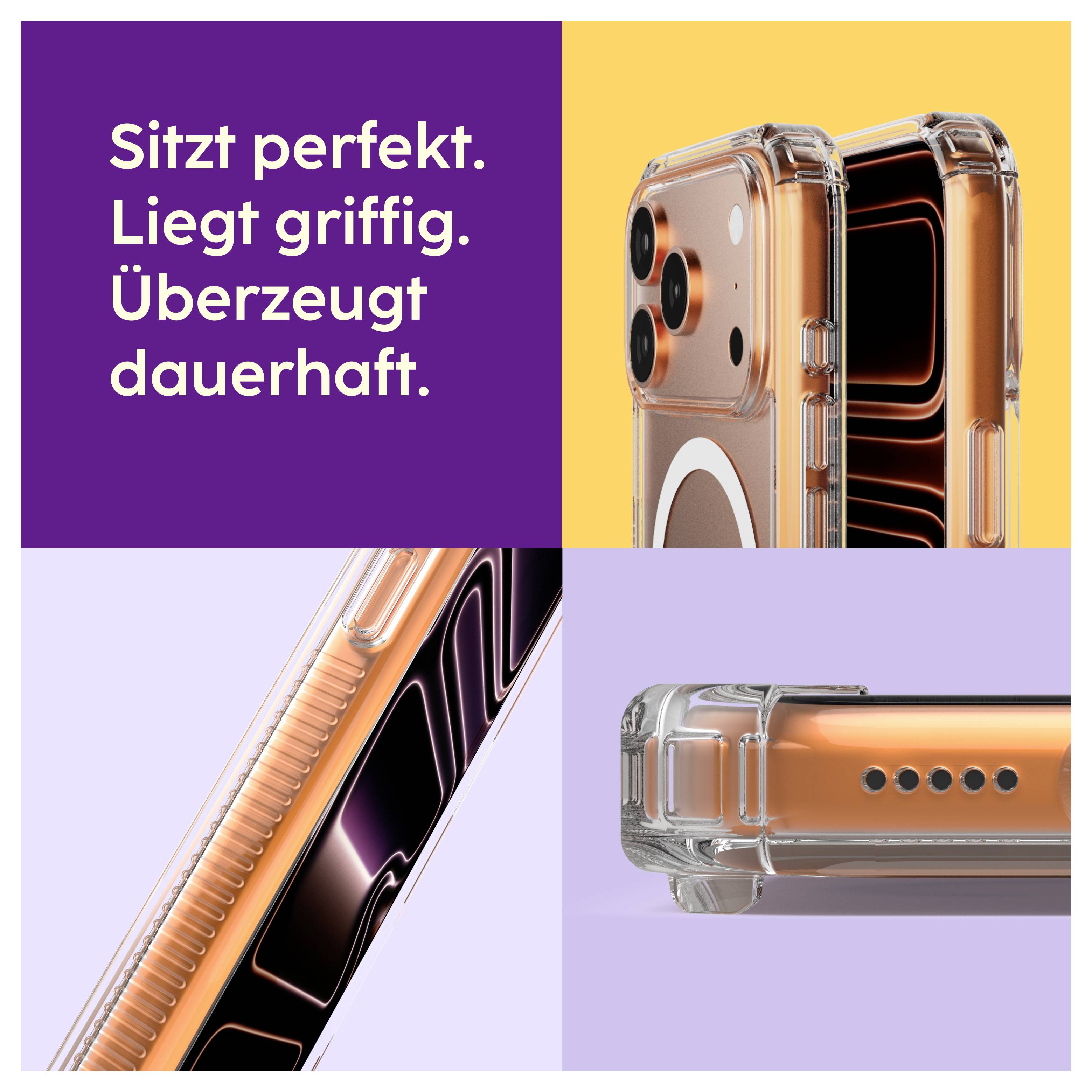 Werbegrafik mit transparentem Handy-Schutzcase in vier Ansichten; Text: 'Sitzt perfekt. Liegt griffig. Überzeugt dauerhaft.'