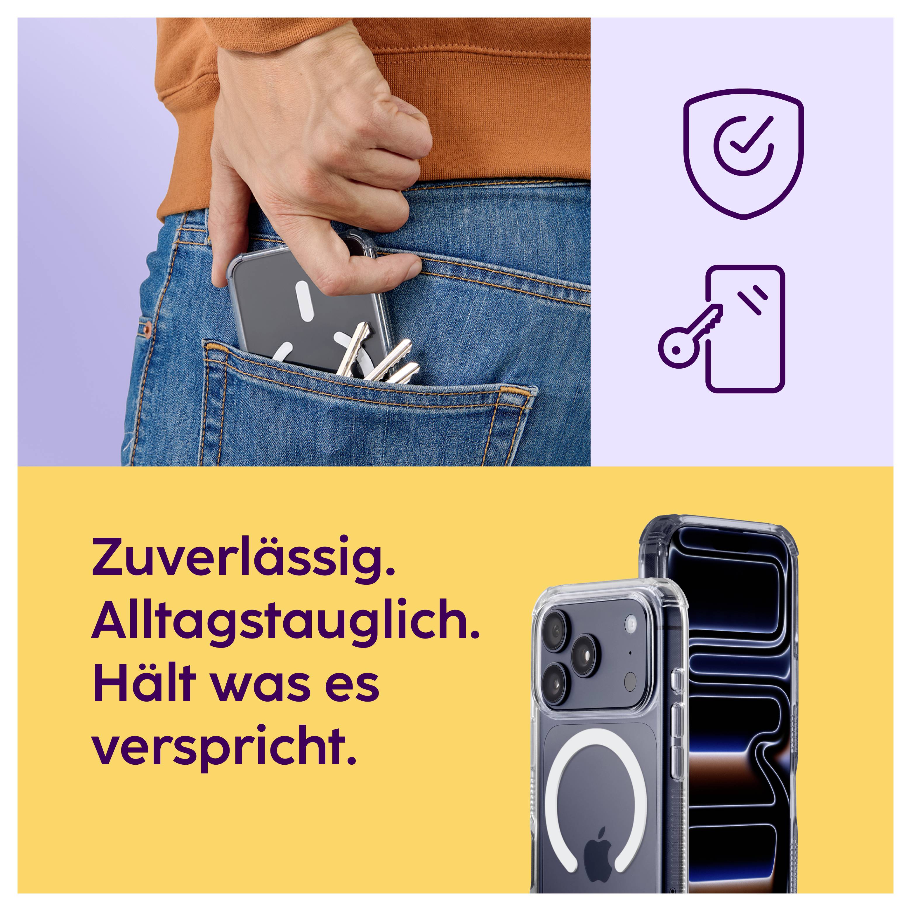 Werbeplakat für ein robustes Smartphone: Hand steckt das Gerät in die Gesäßtasche; Text: 'Zuverlässig. Alltagstauglich. Hält was es verspricht.'