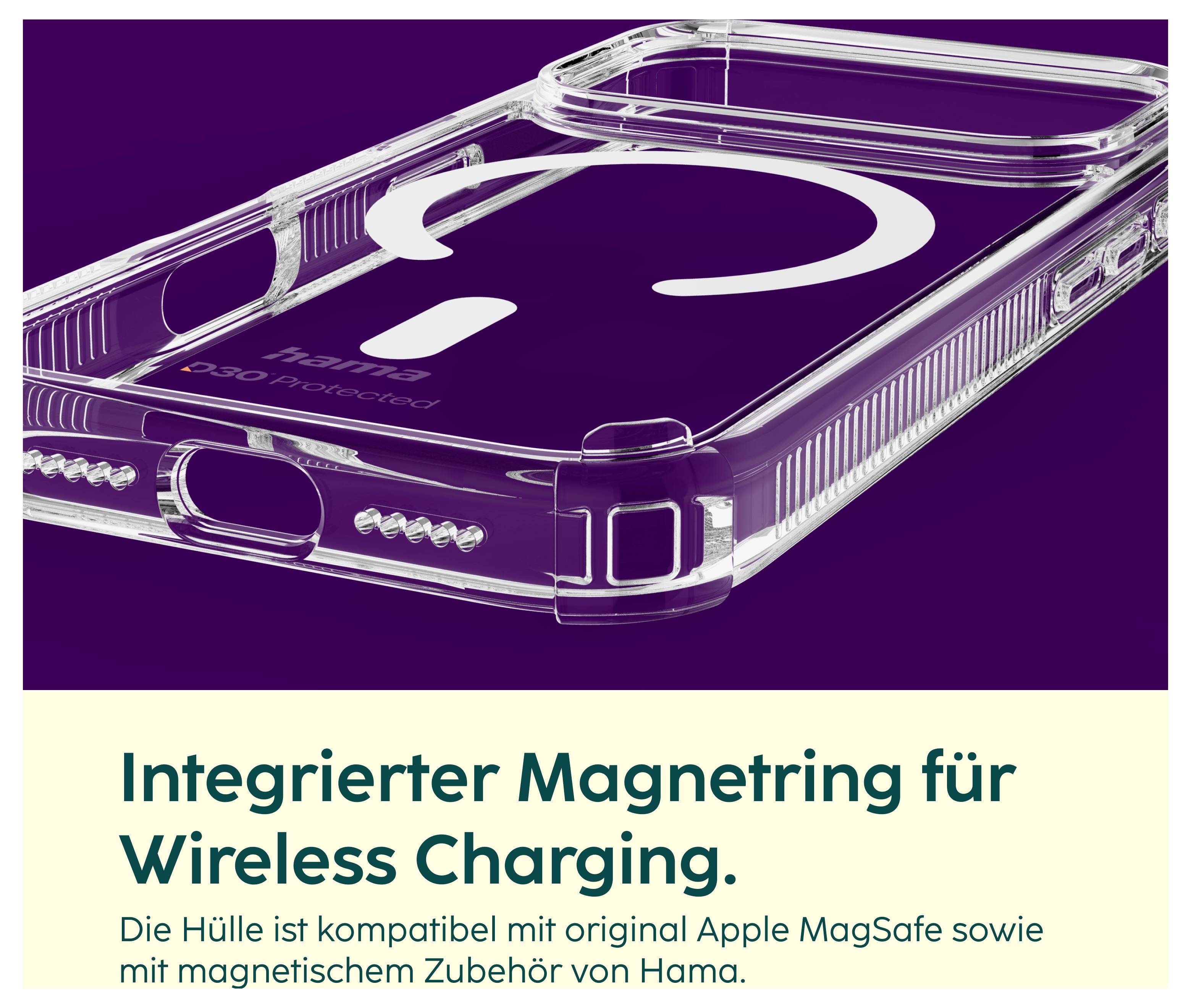 Transparente Smartphone-Hülle mit integriertem Magnetring; Text: 'Integrierter Magnetring für Wireless Charging' und Hinweis auf Kompatibilität mit Apple MagSafe und Hama-Zubehör.