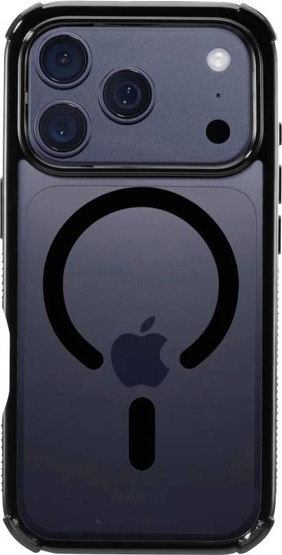 Rückseite eines dunklen iPhones in einer transparenten Hülle, mit dreifacher Kamera und einem großen schwarzen MagSafe-Ring mit vertikalem Standfunktion.
