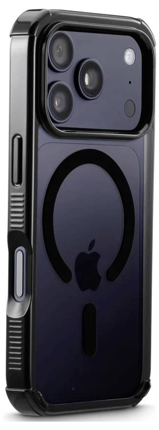Schwarze iPhone-Hülle mit MagSafe-Ring und großem Kameraausschnitt, in einer Seitenansicht gezeigt, um das Schutzdesign und die Tasten hervorzuheben.