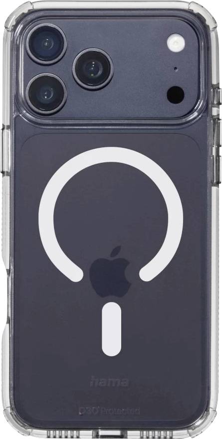 Eine transparente Handyhülle auf einem dunklen iPhone mit einem großen weißen Logo im OpenAI-Stil auf der Rückseite, mit sichtbaren dreifachen Kameraobjektiven.