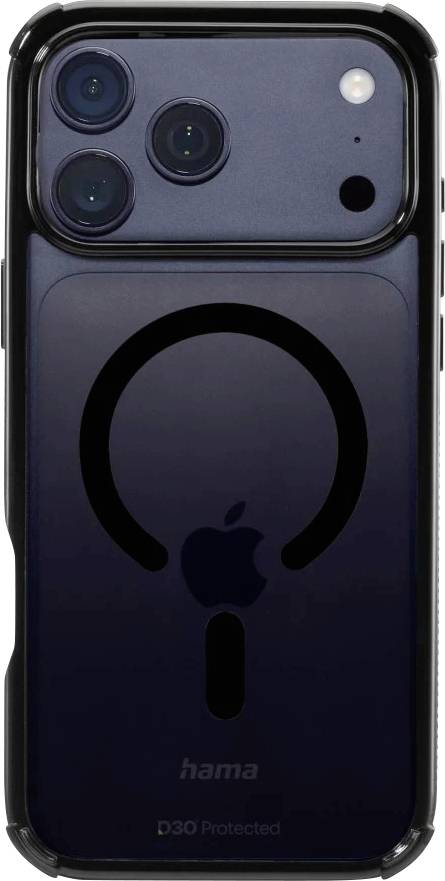 Rückansicht eines schwarzen iPhones in einer Schutzhülle, die einen großen MagSafe-Ring und Aussparungen für die dreifache Kamera und den Blitz zeigt.