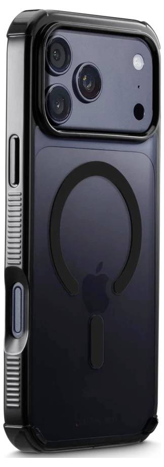 Nahaufnahme einer schwarzen Smartphone-Schutzhülle mit großem MagSafe-Laderingund erhöhtem Triple-Kamera-Ausschnitt.