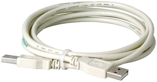 Aufgerolltes weißes USB-Kabel mit Standard-USB-A-Anschlüssen an beiden Enden.