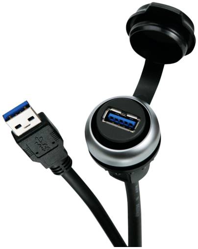 USB 3.0-Kabel mit einer Schutzkappe und freiliegendem blauem Stecker, das Stecker- und Buchsenende auf weißem Hintergrund zeigt.