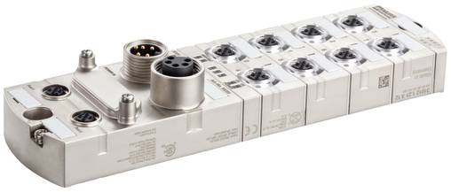 Industrielle modulare Sensor-/Ventilsammelleitung mit mehreren kreisförmigen Anschlüssen und Anschlussöffnungen, die in einer Reihe auf weißem Hintergrund angeordnet sind.