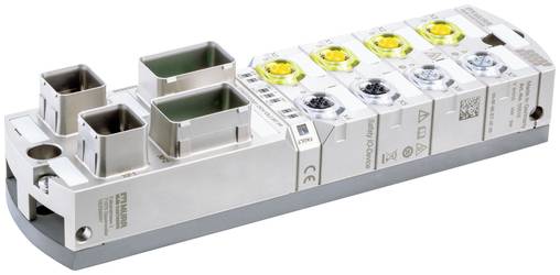 Industrielles Sensor-/Steckermodul mit mehreren vertieften Anschlüssen und gelb-schwarzen Indikatorelementen auf einer silbernen Basis, dargestellt auf weißem Hintergrund.