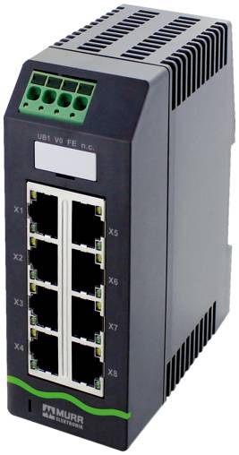 Industrieller Ethernet-Switch mit acht RJ45-Anschlüssen und grüner Stromklemme, dargestellt in einem kompakten schwarzen DIN-Schienen-Modul.