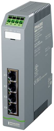 Grauer Murrelektronik-Industrienetzwerkmodul mit vier Ethernet-Anschlüssen mit den Bezeichnungen X1 bis X4 und einer grünen Klemmenleiste oben.