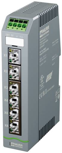 Graues industrielles Murr-Elektronikmodul mit sechs gestapelten Portöffnungen und grünem Klemmblock auf der Frontplatte.