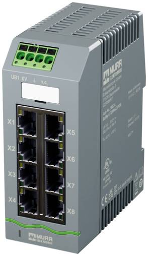 Industrielles Murr-Elektro-Netzwerk-Schaltermodul mit acht Ethernet-Anschlüssen, Stromklemmen und Statusetikett in einem grauen DIN-Schienen-Gehäuse.