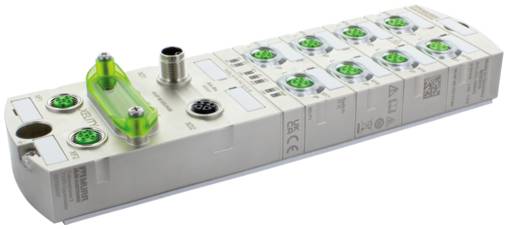 Ein weißes industrielles elektronisches Modul mit mehreren grünen Schraubklemmen und einer durchscheinenden grünen Abdeckung, isoliert auf weißem Hintergrund dargestellt.