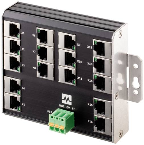 Industrieller Netzwerk-Switch mit 16 Ethernet-Anschlüssen mit den Bezeichnungen X1-X16 und einer grünen Stromversorgungsklemme mit der Aufschrift UB1/OV/FE auf der Vorderseite.