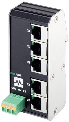 Industrie-Ethernet-/Feldbus-Modul mit fünf beschrifteten Anschlüssen (X1-X5) und einem grünen Klemmblock-Stecker auf der Unterseite.