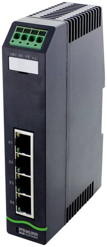 Industrieller Ethernet-Netzwerk-Schaltermodul mit vier RJ45-Anschlüssen, Status-LEDs und einem grünen Anschlussblock oben, wahrscheinlich für DIN-Schienen-Steuerungssysteme.