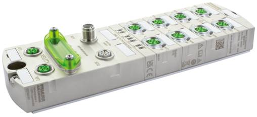 Industrielles Automatisierungsmodul mit mehreren grünen runden Steckverbindern und einer durchsichtigen Abdeckung, dargestellt auf weißem Hintergrund.