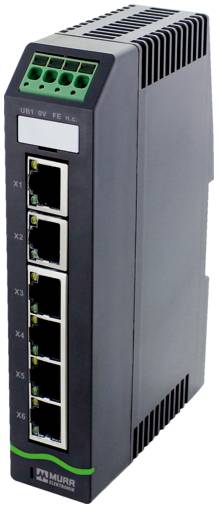 Industrielles Ethernet-Switch-Modul mit sechs gestapelten RJ45-Anschlüssen auf einem grauen Hutschienen-Gerät mit der Beschriftung Murrelektronik.