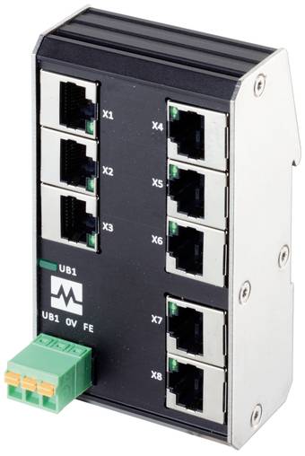 Industrial Ethernet-Schalter mit acht RJ45-Anschlüssen mit den Bezeichnungen X1 bis X8 und einer grünen Stromklemme an der Vorderseite.