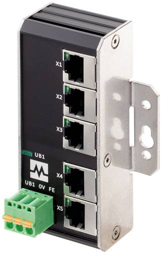 Industrie-Ethernet-Schaltermodul mit fünf RJ45-Anschlüssen mit der Bezeichnung X1-X5, einer Metallmontageklammer und einem grünen Anschlussblock