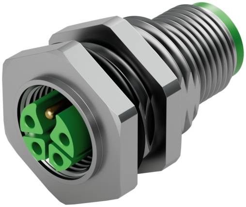 Ein metallischer runder Elektrostecker mit Gewinde-Gehäuse und grünem 4-Pin-Einsatz, in Nahaufnahme auf weißem Hintergrund dargestellt.