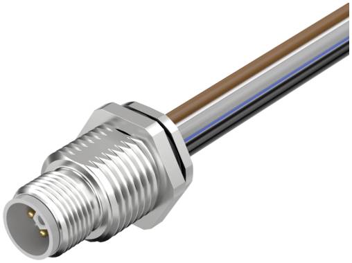 Nahaufnahme eines metallischen Gewindesensors oder Steckers mit drei angebrachten Drähten, die von der oberen rechten Seite abstehen.
