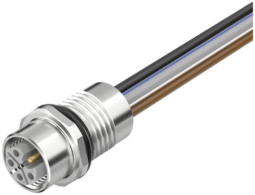 Nahaufnahme eines metallischen kreisförmigen Elektrosteckers mit drei farbigen Drähten, die sich auf weißem Hintergrund davon erstrecken.