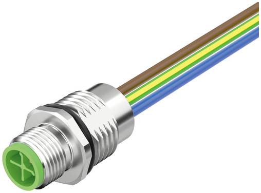 Nahaufnahme eines Metallkabelsteckers mit vier farbcodierten Drähten – braun, gelb, grün und blau – die sich von der Rückseite erstrecken.