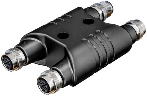 Schwarze vierpolige elektrische Stecker-Splitter mit metallenen Gewinde-Enden auf weißem Hintergrund.