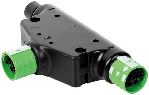 Schwarzer Kunststoff-Elektrostecker mit grünen kreisförmigen Enden und mehreren Steckkontakten, isoliert auf weißem Hintergrund dargestellt.