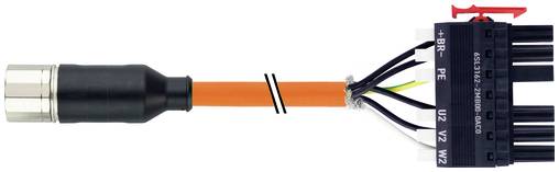 Oranges Kabel mit einem schwarzen und silbernen Stecker an einem Ende und einem mehradrigen schwarzen Stecker am anderen Ende, mit freiliegenden Drähten in der Nähe des Steckers.