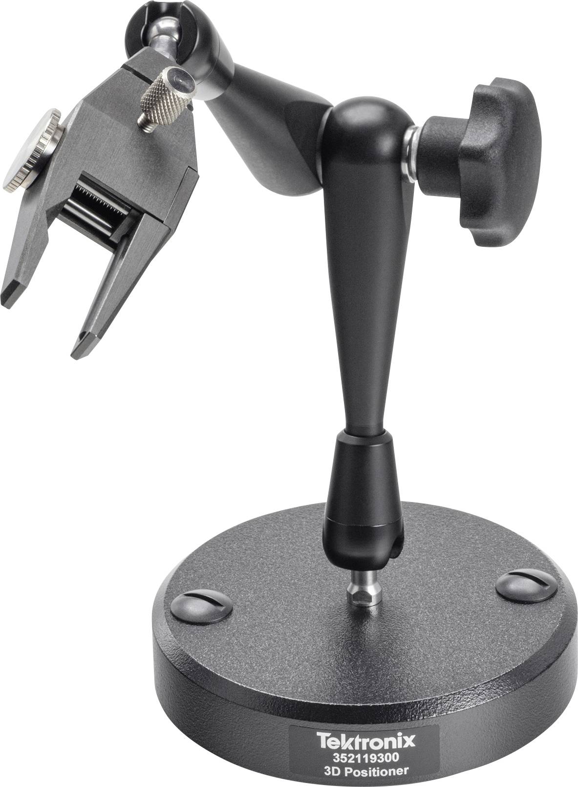 Schwarze Tektronix verstellbare Messsondenhaltung mit Klemmarm auf gewichteter runder Grundplatte.