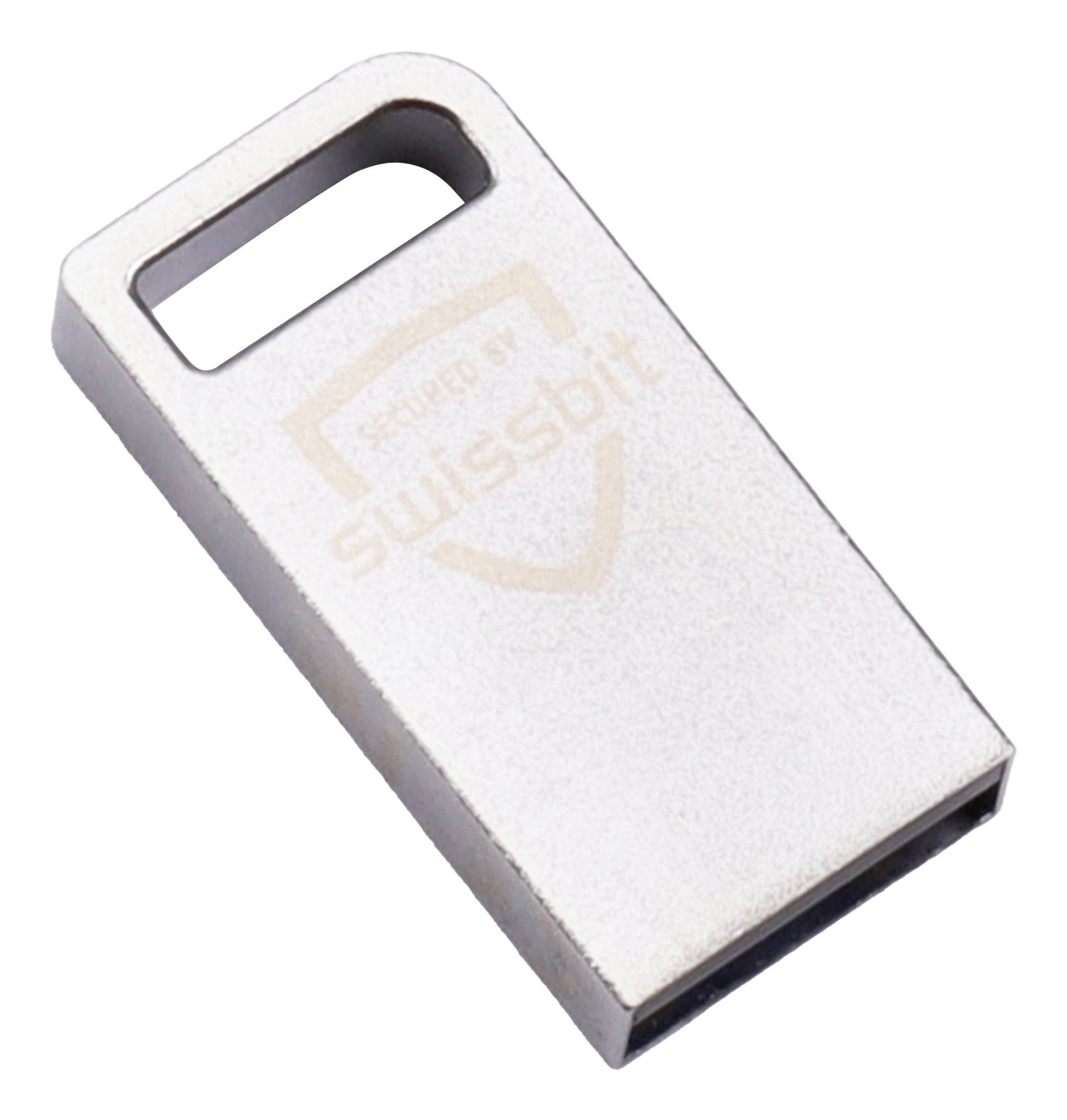 Kleine silberne USB-Speicherstick mit einem rechteckigen Aufhängeloch, dargestellt auf weißem Hintergrund.