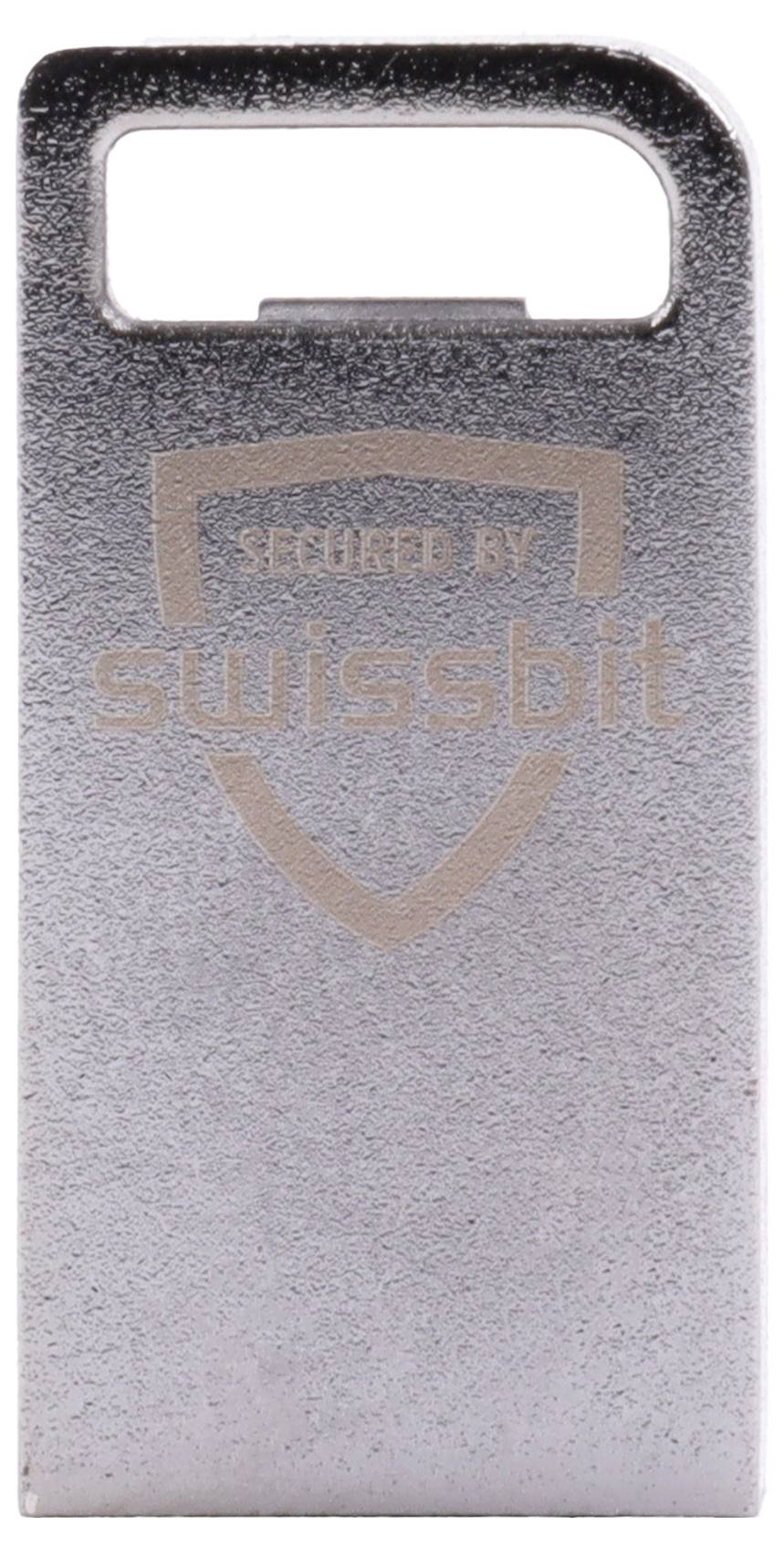 Metall-USB-Stick mit integriertem Griff, auf der Vorderseite mit „secured by swissbit" gekennzeichnet.