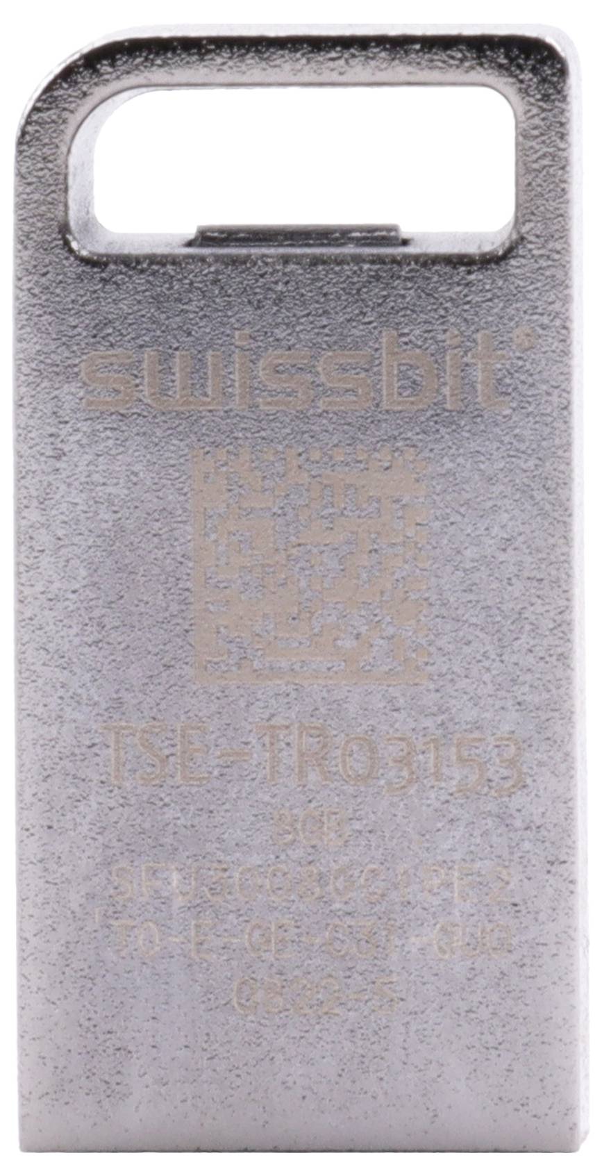 Metall-USB-Stick mit Griff-Öffnung, Markenname "Swissbit" und Beschriftung "ISE-TR03153" auf der Vorderseite.