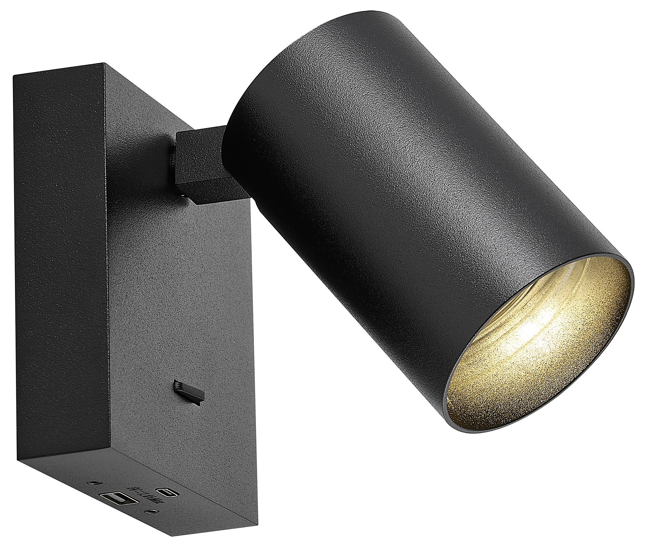 Schwarzer verstellbarer wandmontierter Scheinwerfer mit zylindrischem Lampenkopf und warmgoldfarbener Innenseite.