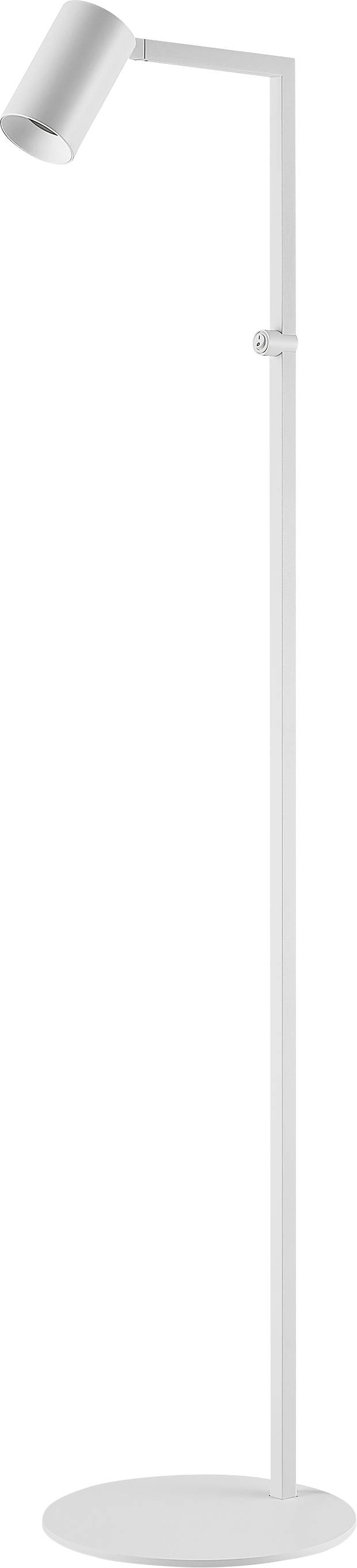 Moderne weiße Stehleuchte mit runder Basis und verstellbarem Kopf, auf einem einfachen Hintergrund dargestellt.